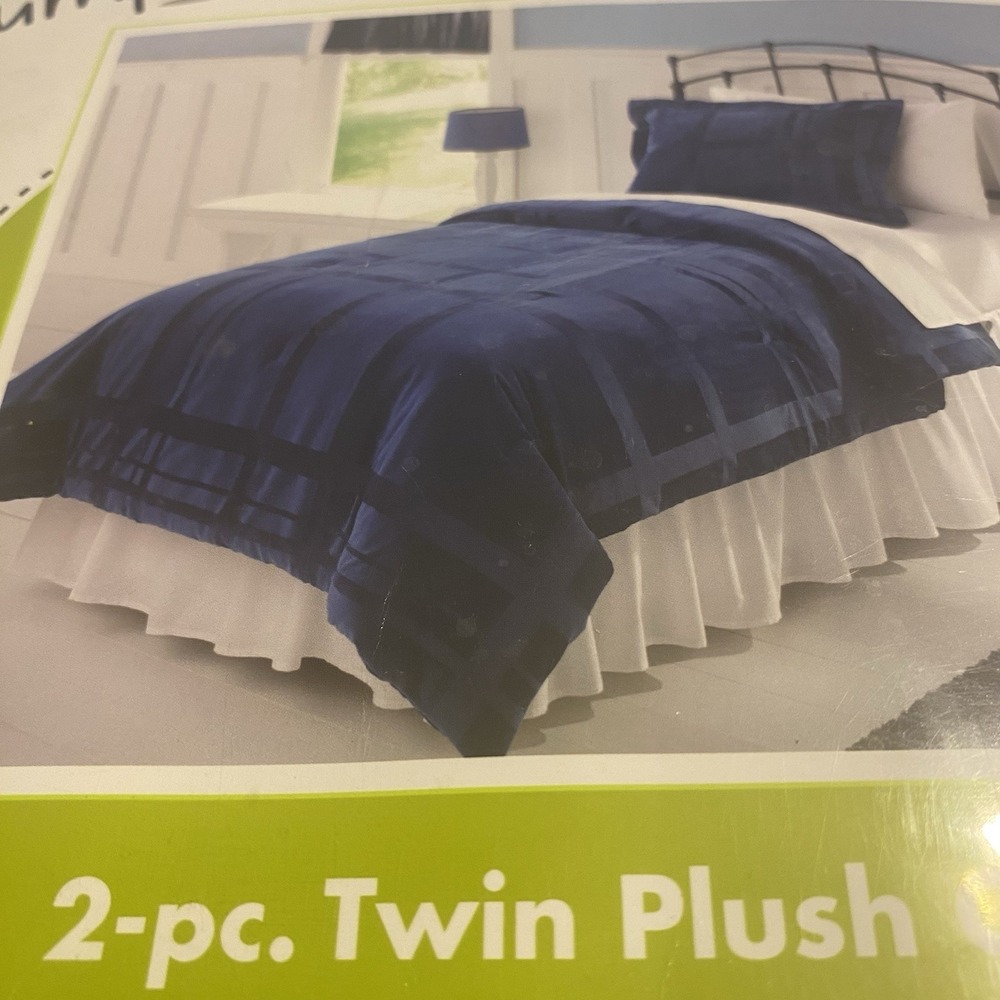 NEW Twin Plush Comforter Sham 2piece set Navy Blue windowpain Plaid Jumping bean